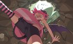  bike_shorts crotch_seam demon_girl demon_tail demon_wings falling from_below go_robots horns lilim_(waguruma!) pink_hair pitfall sleeveless solo striped striped_legwear tail tears thighhighs waguruma! wings wristband 