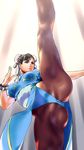  black_legwear brown_eyes brown_hair bun_cover china_dress chinese_clothes chun-li double_bun dress high_kick highres jorori kicking pantyhose pelvic_curtain short_hair solo spikes street_fighter 