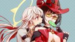  black_hair candy fingerless_gloves food gloves guilty_gear guilty_gear_xrd halo hat i-no jack-o'_valentine lollipop long_hair multicolored_hair multiple_girls red_eyes red_hair red_hat shinzou sunglasses two-tone_hair upper_body white_hair witch_hat 