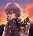  fimyuan fire_emblem fire_emblem:_kakusei fire_emblem_if gloves grey_hair lazward_(fire_emblem_if) male_focus mask mask_removed purple_eyes solo upper_body 