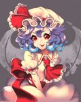  ascot bad_id bad_pixiv_id bat_wings blue_hair bow cheong_ha fang hat hat_bow mob_cap open_mouth red_eyes remilia_scarlet solo touhou wings 