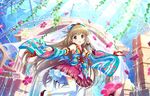  :d abstract_background arch armpits artist_request bangs blue_bow blunt_bangs bow brown_eyes brown_hair building day detached_sleeves eyebrows eyebrows_visible_through_hair flower full_body hair_bow hair_ornament idol idolmaster idolmaster_cinderella_girls idolmaster_cinderella_girls_starlight_stage japanese_clothes kimono leg_up light_rays long_hair long_sleeves looking_at_viewer microphone obi official_art open_mouth outdoors outstretched_arm pillar pink_flower red_ribbon ribbon ribbon-trimmed_sleeves ribbon_trim sash sleeveless sleeveless_kimono smile solo standing standing_on_one_leg sunlight very_long_hair water wide_sleeves yorita_yoshino 