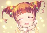  :d ^_^ brown_hair closed_eyes dokidoki!_precure double_bun hands_on_own_cheeks hands_on_own_face open_mouth precure short_hair smile solo upper_body urbandusk yotsuba_alice 