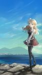  bare_shoulders blonde_hair boots braid brown_eyes city day french_braid harbor hat highres italy kantai_collection mountain ocean pantyhose sky solo tamae_(pixiv40276) zara_(kantai_collection) 