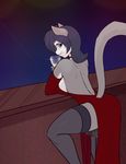  2016 anthro blue_eyes breasts cat clothing dress feline female fur glass grey_fur grey_hair hair hi_res legwear looking_at_viewer looking_back mammal pink_nose scorpdk short_hair side_boob sitting smile solo stockings stool thick_thighs white_fur 