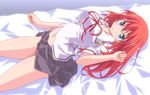  bangs bed blouse blue_skirt blush green_eyes heart kikuchi_tsutomu lace lace-trimmed_panties long_hair looking_at_viewer lying miniskirt on_back panties pleated_skirt red_hair red_panties ribbon school_uniform serafuku shiina_ayame short_sleeves skirt smile solo tokimeki_memorial tokimeki_memorial_only_love underwear white_blouse 