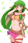  1girl breasts cleavage commentary_request feena_(grandia) grandia grandia_i green_eyes green_hair groin hair_ornament hair_tubes jewelry long_hair low-tied_long_hair midriff mokkosu. necklace skirt smile solo thighhighs 