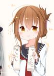  :i blush brown_eyes brown_hair commentary_request flying_sweatdrops folded_ponytail food food_on_face gurantsu hibiki_(kantai_collection) highres inazuma_(kantai_collection) kantai_collection long_hair long_sleeves looking_at_viewer milk_carton multiple_girls neckerchief school_uniform serafuku sidelocks silver_hair sweat translation_request 