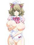  animal_ears apron areolae azure bottomless breast_lift breasts breasts_outside brown_hair cat_ears enmaided female green_eyes hair_ornament hair_ribbon highres huge_breasts looking_at_viewer maid maid_headdress naked_apron nipple_tweak nipples no_bra no_pussy no_underwear original ribbon self_fondle shiny_skin short_hair simple_background solo standing white_background 