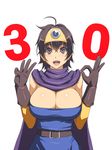  :d abu ahoge anniversary belt black_gloves black_hair breasts cape cleavage_cutout commentary dragon_quest dragon_quest_iii gloves large_breasts looking_at_viewer open_mouth roto short_hair simple_background smile solo white_background 