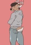  2019 angry anthro anthrofied antlers big_butt blue_eyes brown_fur brown_hair brown_nose bunjamoon_(artist) butt cervid cervine clothed clothing crossed_arms digital_media_(artwork) eyebrows fully_clothed fur grey_hoodie grey_pants hair heterochromia hoodie horn inner_ear_fluff inre_frid jeans looking_at_viewer looking_back male mammal multicolored_fur pants portrait purple_eyes rear_view short_tail simple_background solo spots spotted_fur standing tan_fur thick_thighs torn_clothing torn_jeans torn_pants two_tone_fur wide_hips 