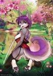  2016 anthro butt canine clothing dress female flower hair iskra jess_(teckly) katana kneeling legwear licking licking_lips looking_at_viewer looking_back mammal melee_weapon nipples plant purple_eyes purple_hair purple_nipples pussy solo stockings sword tongue tongue_out weapon wolf 