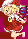  arms_behind_back ascot barefoot commentary_request crystal flandre_scarlet hands_clasped harry_(namayake) hat hat_ribbon highres mob_cap one_eye_closed own_hands_together pointy_ears puffy_short_sleeves puffy_sleeves red_eyes ribbon short_sleeves side_ponytail skirt skirt_set solo touhou wings 