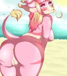  2016 ambiguous_gender anthro anus areola avian beach big_breasts blonde_hair blush breasts butt cloud female fur group hair hi_res long_tongue looking_at_viewer looking_back nipples nude outside pink_eyes pink_fur pink_hair pussy raised_tail rear_view sand seaside side_boob sky sm0shy smile solo_focus stripes sun tail_tuft tongue tongue_out tuft unknown_species water yellow_nipples yellow_tongue 