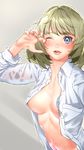  blue_eyes breasts brown_hair claw_pose cleavage green_hair highres idolmaster idolmaster_cinderella_girls jorori looking_at_viewer medium_breasts one_eye_closed open_clothes see-through short_hair solo takagaki_kaede 