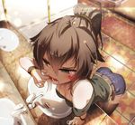  bai_yemeng black_legwear breasts brown_eyes brown_hair cheek_pull chinese chinese_commentary cleavage commentary downblouse medium_breasts mirror mouth_ulcer original ponytail revision shirt shorts sink solo tears thighhighs thighs tile_floor tiles 