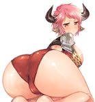  :&lt; animal_ears animal_print armor ass blush breasts cameltoe closed_mouth draph earrings eno_yukimi from_behind frown granblue_fantasy horns jewelry kneeling large_breasts leopard_print looking_back pink_hair red_eyes short_hair simple_background solo sturm_(granblue_fantasy) sweatdrop v-shaped_eyebrows white_background 