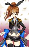  animal_ears bad_id bad_pixiv_id belt black_legwear bow brown_eyes brown_hair bunny_ears epaulettes fake_animal_ears finger_to_mouth gambe glasses hand_on_hip large_bow long_hair looking_at_viewer microphone midriff minami_mirei navel ponytail pretty_(series) pripara short_shorts shorts shushing smile solo striped thighhighs vertical_stripes 