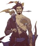  arrow asymmetrical_clothes bad_id bad_twitter_id bandolier bare_shoulders beard belt_pouch bow_(weapon) brown_eyes brown_hair collarbone dragon_print dragon_tattoo facial_hair fangs furrowed_eyebrows goatee hadanugi_dousa hair_tie hanzo_(overwatch) holding holding_weapon japanese_clothes kimono kkangcheol looking_at_viewer male_focus mouth_hold muscle mustache overwatch ponytail pouch quiver serious simple_background solo tattoo teeth teeth_hold upper_body weapon white_background 