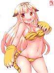 :d animal_ears animal_print bare_shoulders bikini black_ribbon blonde_hair blush breasts collarbone dated fang gloves gradient_hair hair_flaps hair_ornament hair_ribbon hairclip highres kanon_(kurogane_knights) kantai_collection long_hair looking_to_the_side medium_breasts messy_hair multicolored_hair navel open_mouth paw_gloves paws red_eyes remodel_(kantai_collection) ribbon simple_background smile solo swimsuit tail thighs tiger_paws tiger_print tiger_tail white_background yuudachi_(kantai_collection) 