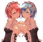  areola_slip areolae arm_garter blue_eyes blue_hair blush breast_press breasts bust_cup closed_mouth dappled_sunlight detached_sleeves dress from_side hair_ornament hair_over_one_eye hairband heart heart_hands heart_hands_duo highres large_breasts liquid long_sleeves looking_at_viewer maid multiple_girls ram_(re:zero) re:zero_kara_hajimeru_isekai_seikatsu red_eyes red_hair rem_(re:zero) ribbon ribbon_trim shi_qi_kuang_beng short_hair siblings simple_background sisters smile sunlight symmetrical_docking twins upper_body white_background wide_sleeves x_hair_ornament 
