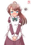  alternate_costume apron blue_eyes blush brown_hair dated enmaided frills frown hair_ribbon highres juliet_sleeves kanon_(kurogane_knights) kantai_collection kazagumo_(kantai_collection) long_hair long_sleeves looking_at_viewer maid maid_headdress ponytail puffy_sleeves ribbon simple_background solo spoken_squiggle squiggle tsurime v_arms white_background 