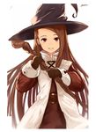  :d artist_name bangs belt black_hat brown_gloves brown_hair dress gloves grin hat holding holding_staff idolmaster idolmaster_(classic) long_hair long_sleeves looking_at_viewer minase_iori open_mouth red_eyes smile solo staff swept_bangs teeth white_dress witch_hat yatsuka_(846) 