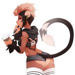 2016 beverage butt clothed clothing cookie_(geekidog) cup ear_piercing female food furgonomics geekidog legwear looking_at_viewer looking_back mammal monkey navel orange_eyes pen piercing portrait primate rear_view shorts simple_background smile solo standing stockings three-quarter_portrait white_background 