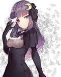  alternate_costume black_dress black_gloves blue_eyes breasts capelet crescent crescent_hair_ornament dress framed_breasts gloves hair_ornament hillly_(maiwetea) long_hair long_sleeves looking_at_viewer medium_breasts patchouli_knowledge purple_hair shirt solo touhou 