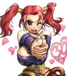  amania_orz anniversary bare_shoulders breasts corset dragon_quest dragon_quest_viii huge_breasts jessica_albert one_eye_closed open_mouth pointing purple_shirt shirt smile solo twintails 