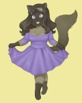  badcactus blue_dress blue_eyes breasts brown_fur brown_hair cleavage clothed clothing colored_nails curtsy domestic_cat dress felid feline felis fur grey_fur hair mammal red_nails siamese simple_background smile yellow_background 