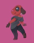  2018 animal_crossing badcactus black_clothes black_fur blue_eyes bra bra_strap breasts canid canine canis cherry_(animal_crossing) clothing dog ear_piercing ear_ring eyelashes female full-length_portrait fur jewelry leggings legwear looking_at_viewer looking_back mammal nintendo open_mouth open_smile piercing pink_background pink_nose portrait rear_view red_fur shirt side_boob simple_background smile snout solo spots spotted_fur underwear video_games 
