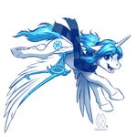  2016 blue_eyes blue_hair cutie_mark equine fan_character feathers fur hair happy hooves horn looking_at_viewer mammal my_little_pony mykegreywolf open_mouth running scarf simple_background solo teeth tongue white_background white_fur wing_braces winged_unicorn wings 