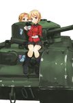  absurdres akazateri black_footwear black_skirt blonde_hair blue_eyes boots braid churchill_(tank) cup darjeeling emblem girls_und_panzer ground_vehicle highres holding jacket long_sleeves looking_at_viewer military military_uniform military_vehicle miniskirt motor_vehicle multiple_girls on_vehicle orange_hair orange_pekoe pleated_skirt red_jacket saucer short_hair sitting skirt smile st._gloriana's_(emblem) st._gloriana's_military_uniform tank teacup tied_hair twin_braids uniform white_background 