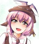 :d animal_ears blush bow bowtie dress fang fun_bo hat jewelry looking_at_viewer mystia_lorelei open_mouth pink_hair short_hair single_earring smile solo touhou upper_body winged_hat yellow_eyes 