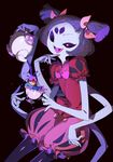  :d androgynous black_eyes black_hair blue_skin brown_hair closed_eyes cowboy_shot cup extra_eyes fangs frisk_(undertale) hair_ribbon in_container in_cup insect_girl maruco muffet multiple_arms one_eye_closed open_mouth pantyhose pouring puffy_pants puffy_short_sleeves puffy_sleeves purple_background ribbon shirt short_sleeves short_twintails simple_background smile spider_girl striped striped_shirt teacup teapot twintails two_side_up undertale 