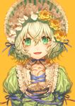  alternate_costume alternate_headwear blue_ribbon blush bonnet dress flower frills green_dress green_eyes green_hair hair_between_eyes hair_flower hair_ornament interlocked_fingers juliet_sleeves kikugetsu komeiji_koishi long_sleeves nail_polish open_mouth orange_background puffy_sleeves ribbon rose short_hair simple_background smile solo touhou upper_body yellow_flower yellow_rose 