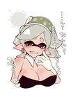  1girl alternate_breast_size bare_shoulders breasts brown_eyes cleavage cropped_torso cup detached_collar domino_mask earrings eyebrows fang gloves grin hand_up highres hotaru_(splatoon) jewelry large_breasts looking_at_viewer mask mole mole_under_eye no_nose object_on_head pointy_ears shiny shiny_skin short_eyebrows short_hair silver_hair simple_background single_glove smile solo splatoon_(series) splatoon_1 strapless symbol-shaped_pupils tentacle_hair thick_eyebrows translation_request upper_body uzura_kazuhisa white_background white_gloves 