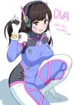  bodysuit breasts brown_eyes brown_hair bunny character_name d.va_(overwatch) facial_mark highres lips long_hair medium_breasts otoi_rekomaru overwatch smile solo whisker_markings 