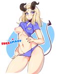  blonde_hair breasts clothing collar collared_shirt female glitter hair horn name_tag navel nipples panties pointed_tail puffy_nipples purple_eyes simple_background slugbox solo succubus underwear 