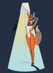  2016 anthro areola armpits bagelcollector breasts canine dipstick_tail eyewear featureless_crotch female fox glasses hands_behind_head hi_res high_heels looking_at_viewer mammal multicolored_tail navel nipples open_mouth simple_background solo spotlight wide_hips 