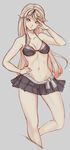  bare_shoulders bikini_top black_bikini_top blonde_hair breasts collarbone cowboy_shot grey_background hair_ornament hair_ribbon hairclip hand_on_hip highres kantai_collection long_hair looking_at_viewer medium_breasts miniskirt pleated_skirt red_eyes remodel_(kantai_collection) ribbon saimon_ma salute simple_background skirt smile solo yuudachi_(kantai_collection) 