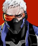  bad_id bad_twitter_id blue_eyes broken_mask jacket kkangcheol male_focus mask overwatch red_background serious simple_background soldier:_76_(overwatch) solo white_hair 