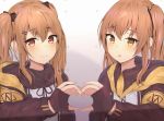  2girls bangs black_bow black_gloves blush bow brown_eyes brown_hair brown_jacket brown_ribbon closed_mouth commentary eyebrows_visible_through_hair fingerless_gloves girls_frontline gloves hair_between_eyes hair_bow hair_ornament hairclip heart heart_hands heart_hands_duo highres houraku jacket long_hair multiple_girls neck_ribbon open_clothes open_jacket parted_lips red_eyes ribbon shirt smile twintails ump45_(girls_frontline) ump9_(girls_frontline) upper_body white_shirt 