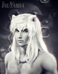  animal_ears artist_name bead_necklace beads cat_ears character_name chromatic_aberration elena_ivlyushkina greyscale inuyasha inuyasha_(character) jewelry male_focus monochrome muscle necklace realistic shirtless solo spot_color upper_body yellow_eyes 