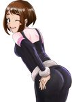  artist_request ass bare_shoulders belt blush_stickers bodysuit boku_no_hero_academia breasts brown_hair female impossible_clothes leaning leaning_forward one_eye_closed open_mouth short_hair skin_tight smile solo uraraka_ochako wink 
