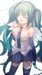  ^_^ ^o^ absurdres ahoge angel_wings arm_at_side bare_shoulders black_legwear black_skirt blue_hair blue_neckwear blush closed_eyes collared_shirt detached_sleeves eyebrows eyebrows_visible_through_hair grey_shirt hair_ribbon hand_on_own_chest hatsune_miku head_tilt highres long_hair long_sleeves mofuruo necktie pleated_skirt purple_ribbon ribbon shirt simple_background skirt solo standing thighhighs twintails very_long_hair vocaloid white_background white_wings wide_sleeves wing_collar wings zettai_ryouiki 