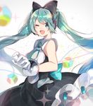  ;d aqua_neckwear bare_arms bare_shoulders black_bow black_dress blue_eyes blue_hair blush bow cowboy_shot dress floating_hair foreshortening grey_background hair_bow hatsune_miku headphones long_hair looking_at_viewer magical_mirai_(vocaloid) necktie omutatsu one_eye_closed open_mouth simple_background sleeveless sleeveless_dress smile solo twintails very_long_hair vocaloid wind 