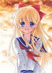  aino_minako backlighting bishoujo_senshi_sailor_moon blonde_hair blue_eyes blue_sailor_collar hair_ribbon long_hair marker_(medium) open_mouth ribbon sailor_collar school_uniform serafuku shiba_koen_middle_school_uniform sky smile solo sunlight tomoeri traditional_media upper_body 