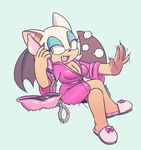  anthro bat bathrobe blue_background breasts cleavage clothed clothing eyelashes eyeshadow female lipstick makeup mammal open_mouth phone rouge_the_bat simple_background sitting slippers solo sonic_(series) speech_bubble sugarkillsall wings yellow_eyes 